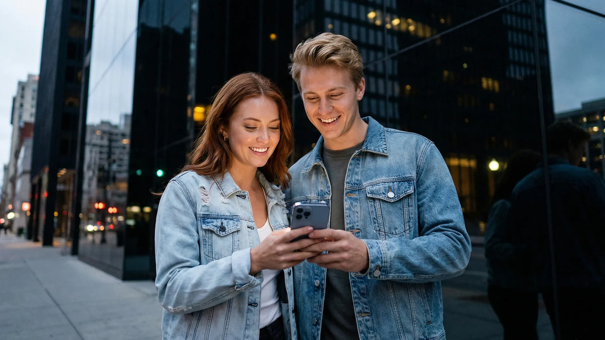 Two people in light-wash denim jackets stand together on a city street, sharing a smartphone while buildings and evening street lights recede softly behind them.